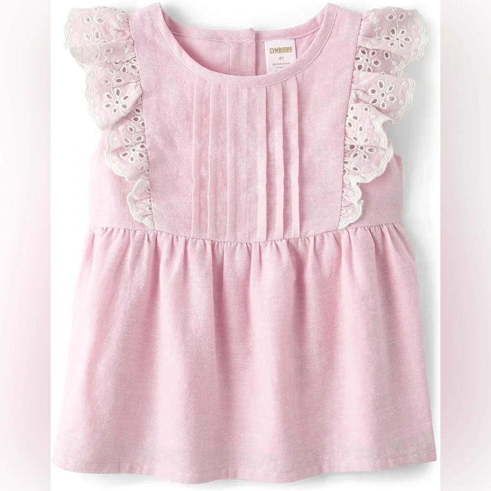 GYMBOREE‎ Girls’ Pink Flutter Sleeve Eyelet Lace Linen Blend Blouse Size 6